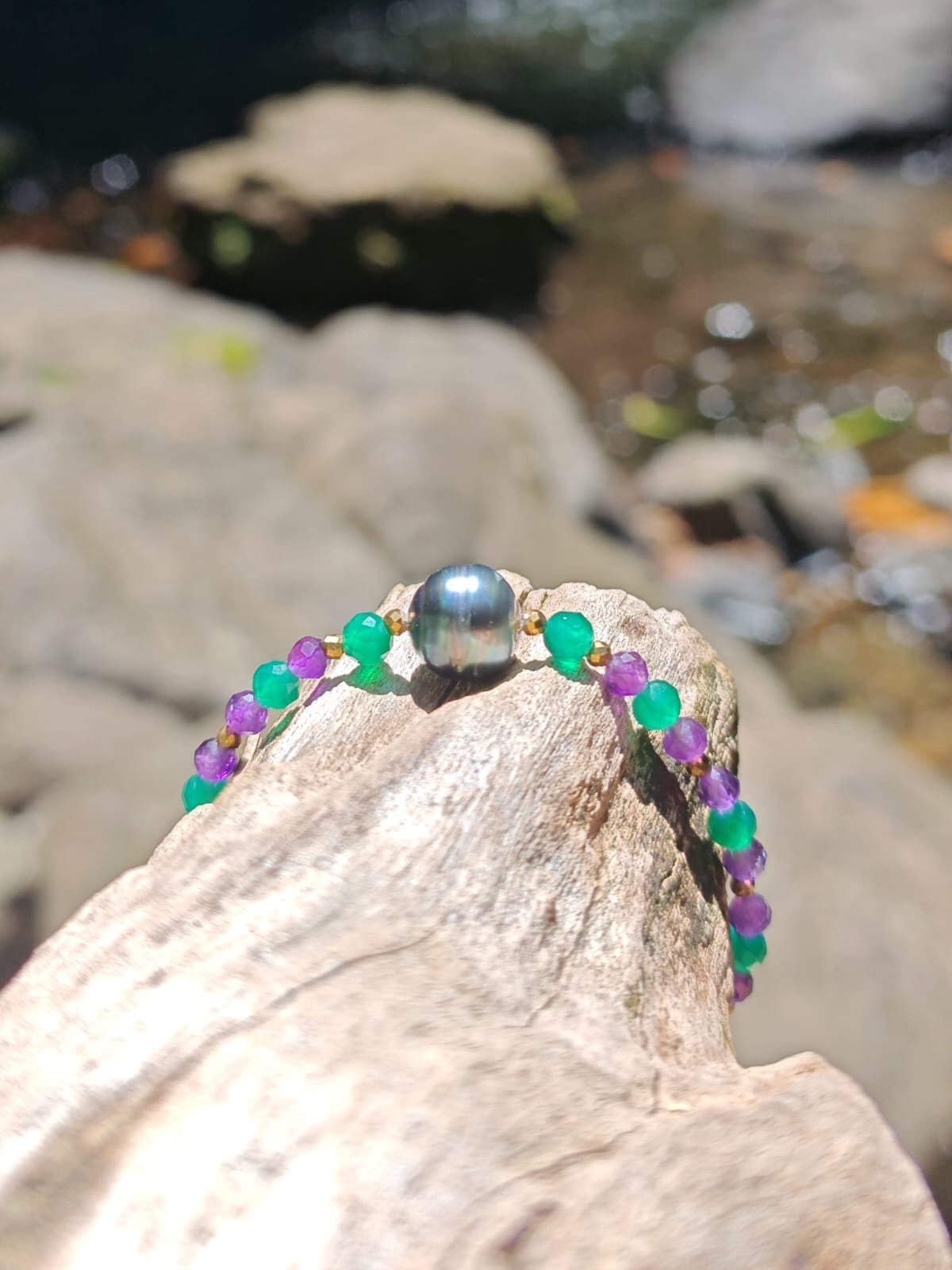 Bracelet Marama - Bracelets Perle de Tahiti Agate verte, Améthyste